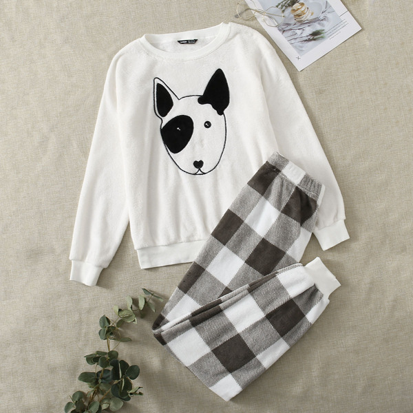 

Dog Embroidered Flannel Pullover and Buffalo Plaid Pants PJ Set, White