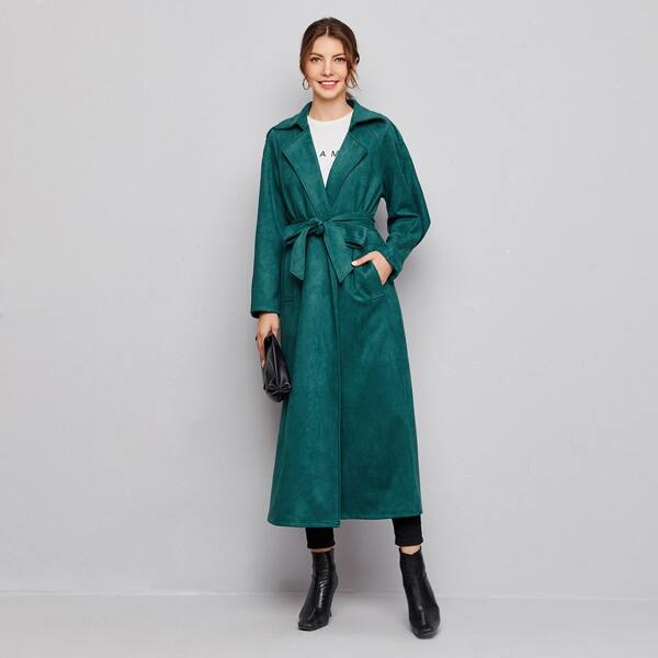 

Flap Back Raglan Sleeve Self Belted Coat, Green