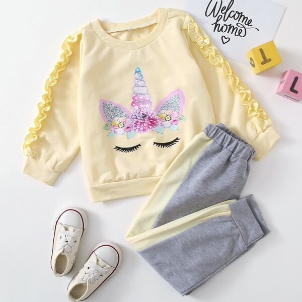 

Toddler Girls Cartoon Graphic Frill Trim Sweatshirt With Sweatpants, Multicolor