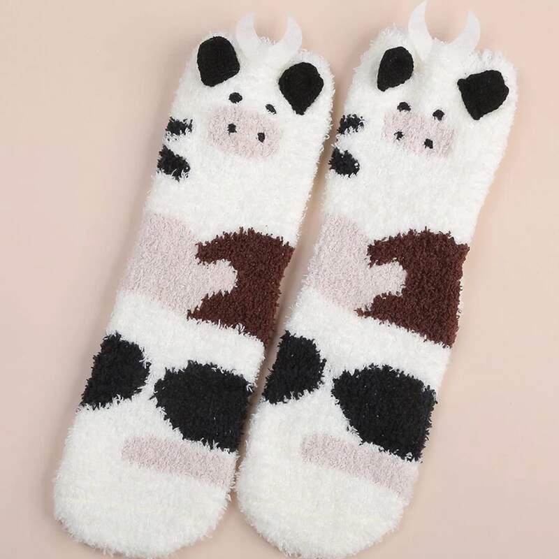 

Cartoon Cow Fuzzy Socks, Multicolor