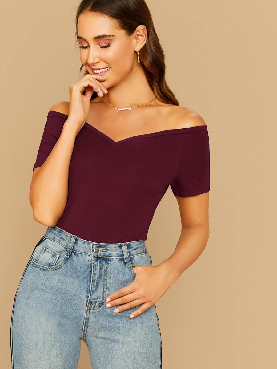 SHEIN Privé Off-the-Shoulder Form-Fitting Top - Maroon - View 1