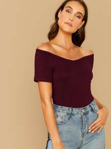 SHEIN Privé Off-the-Shoulder Form-Fitting Top - Maroon - View 3