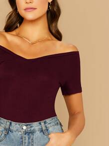 SHEIN Privé Off-the-Shoulder Form-Fitting Top - Maroon - View 4
