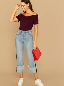 SHEIN Privé Off-the-Shoulder Form-Fitting Top - Maroon - View 5