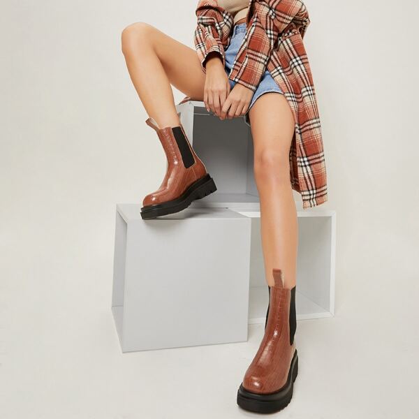

Faux Croc Leather Slip-On Low Heel Boots, Brown