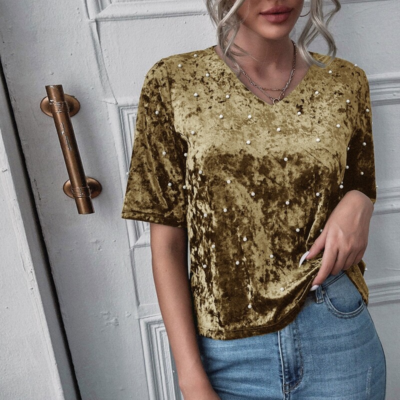 

Pearls Beaded V Neck Velvet Tee, Gold
