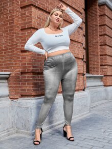 Calvaya 休閒純色大碼緊身褲 - 灰色 - 查看 3