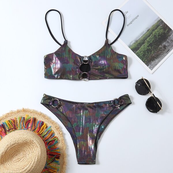 

Metallic Ring Linked Bikini Swimsuit, Multicolor