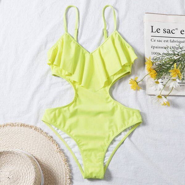 

Ruffle Cut-out Side One Piece Swimsuit, Yellow