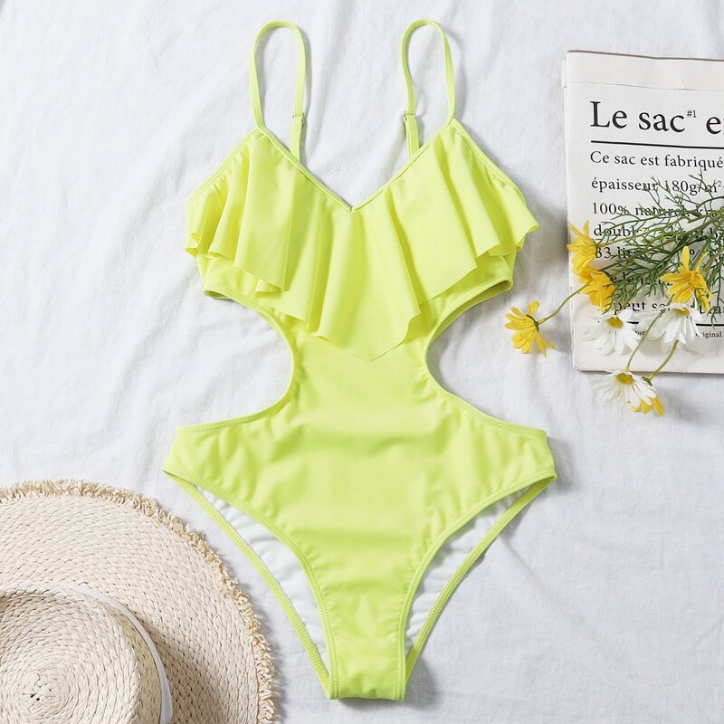 

Ruffle Cut-out Side One Piece Swimsuit, Yellow