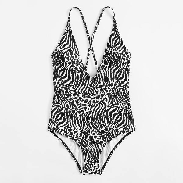 

Allover Graphic One Piece Swimsuit, Black and white