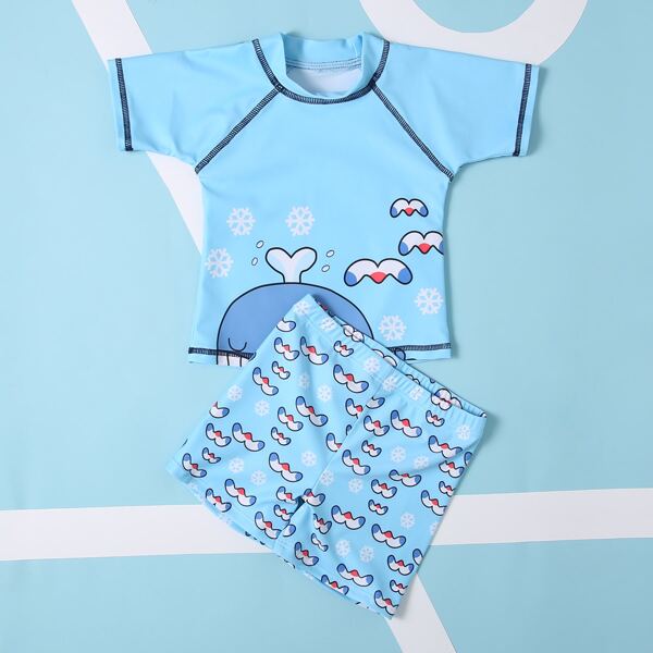 

Toddler Boys Cartoon Graphic Swimsuit, Pastel baby blue