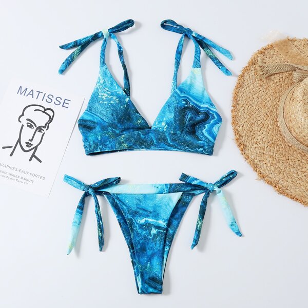 

Liquid Marble Self Tie Thong Bikini Swimsuit, Blue