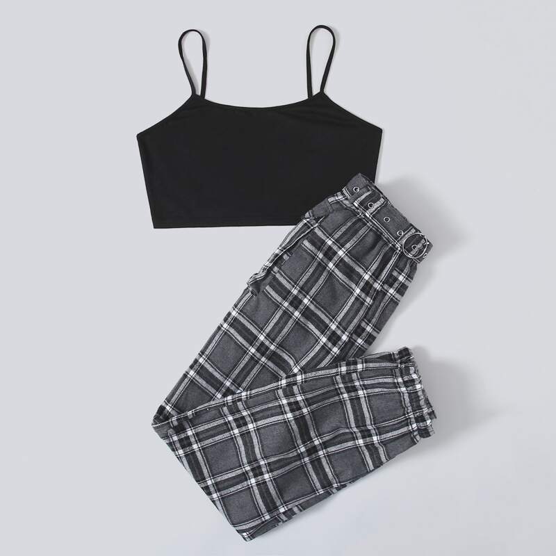 

Solid Crop Cami & Plaid Pants, Multicolor