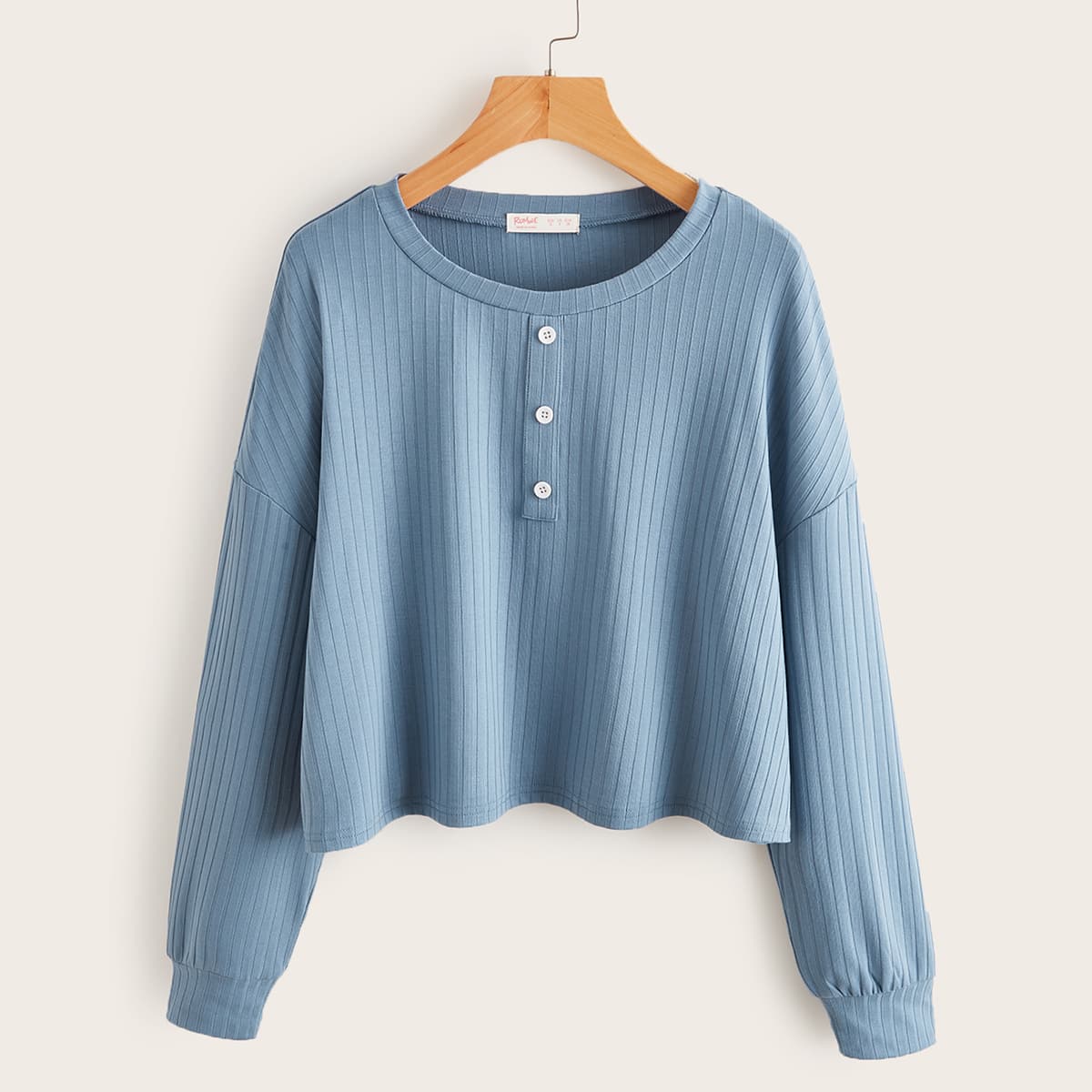 

Drop Shoulder Rib Boxy Top, Dusty blue
