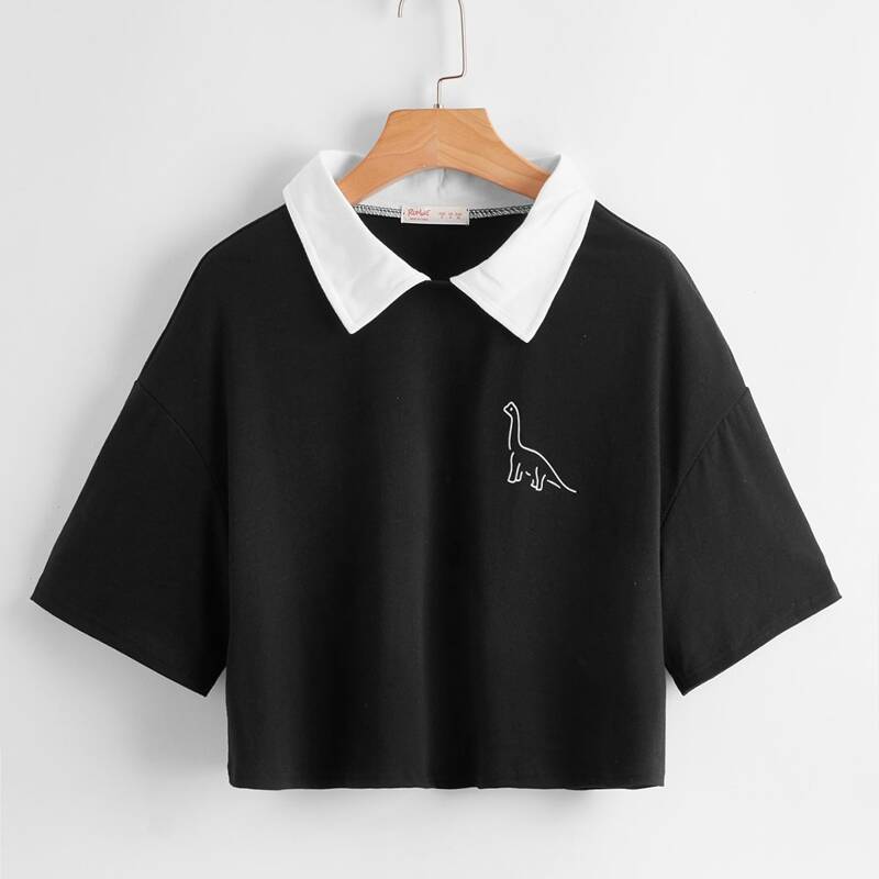 

Dinosaur Print Contrast Crop Polo Tee, Black