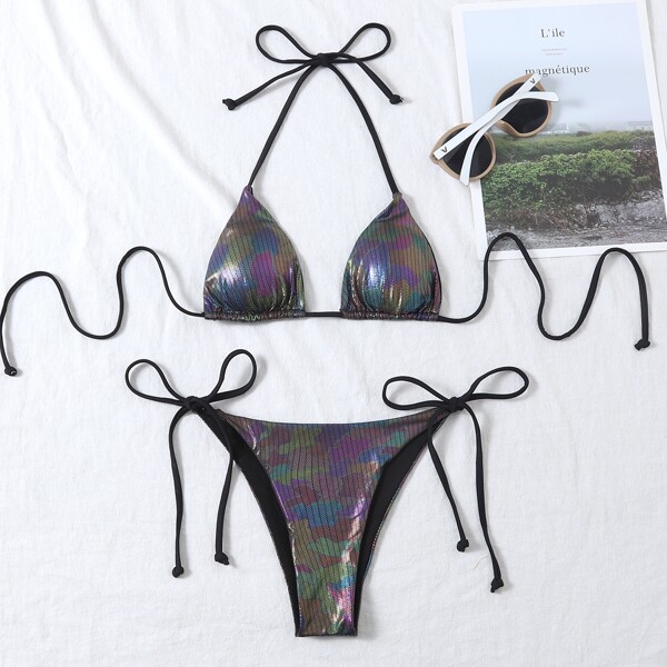 

Metallic Triangle Tie Side Bikini Swimsuit, Multicolor