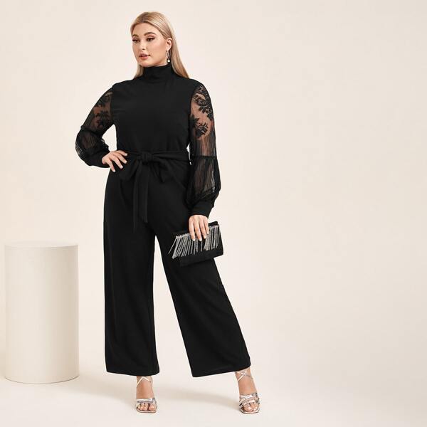 

Plus High Neck Lace Lantern Sleeve Belted Jumpsuit, Black