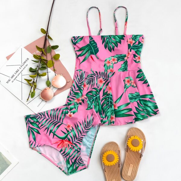 

Tropical Ruffle Hem Bikini Swimsuit, Multicolor