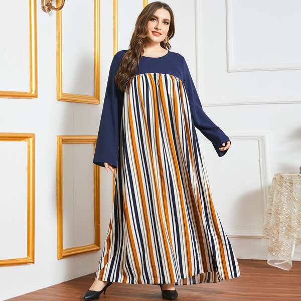 

Plus Contrast Striped Smock Dress, Multicolor