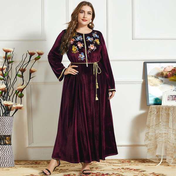 

Plus Flower Embroidered Belted Velvet Dress, Maroon