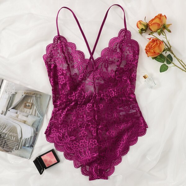 

Plus Floral Lace Scallop Trim Teddy Bodysuit, Rose red