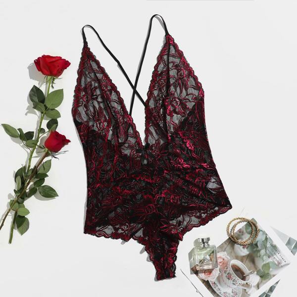 

Plus Floral Lace Plunging Teddy Bodysuit, Burgundy