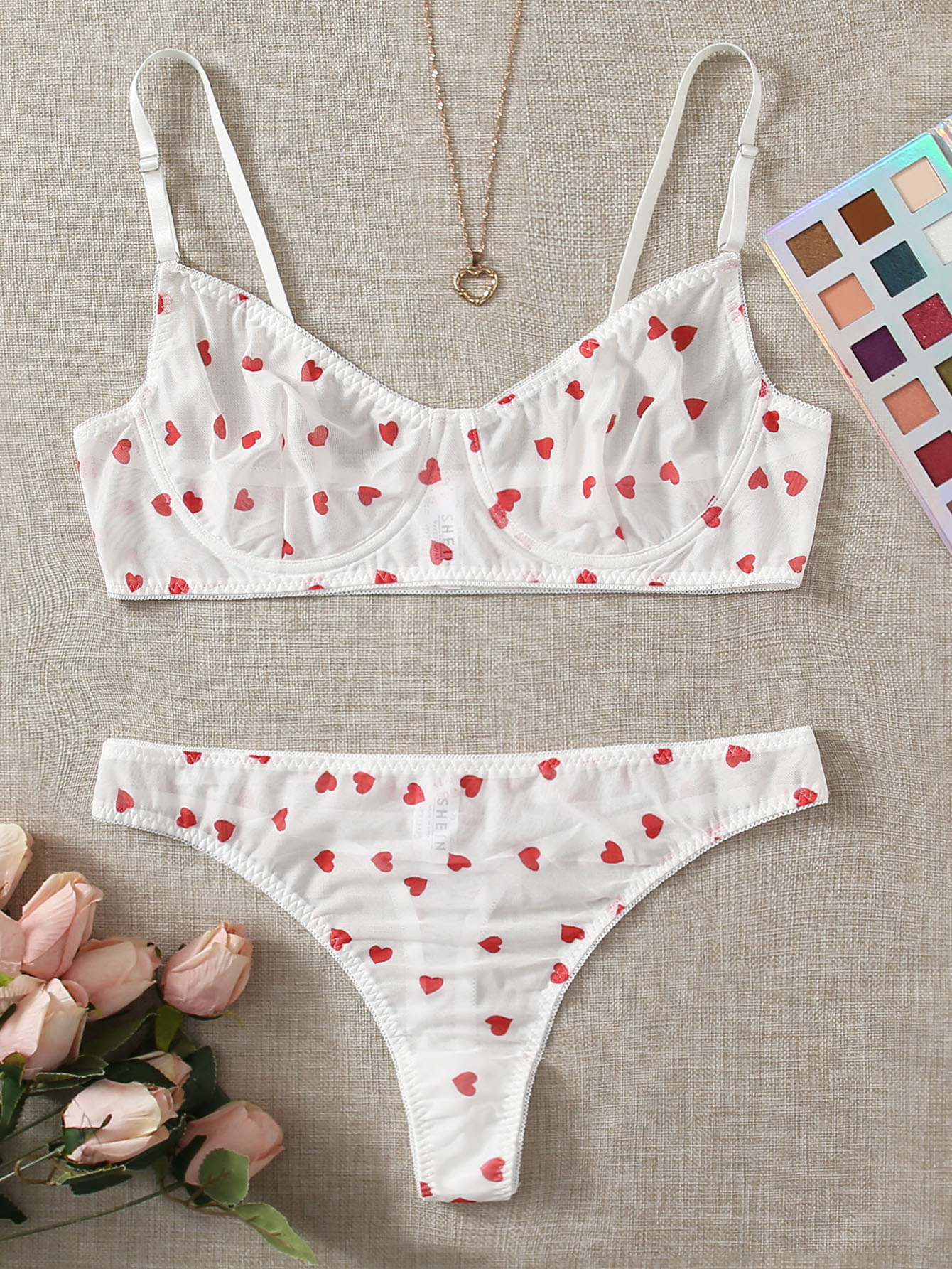 SheIn Womens Plus Size Heart Print Mesh Frill Trim Bralette and Panty Lingerie Set