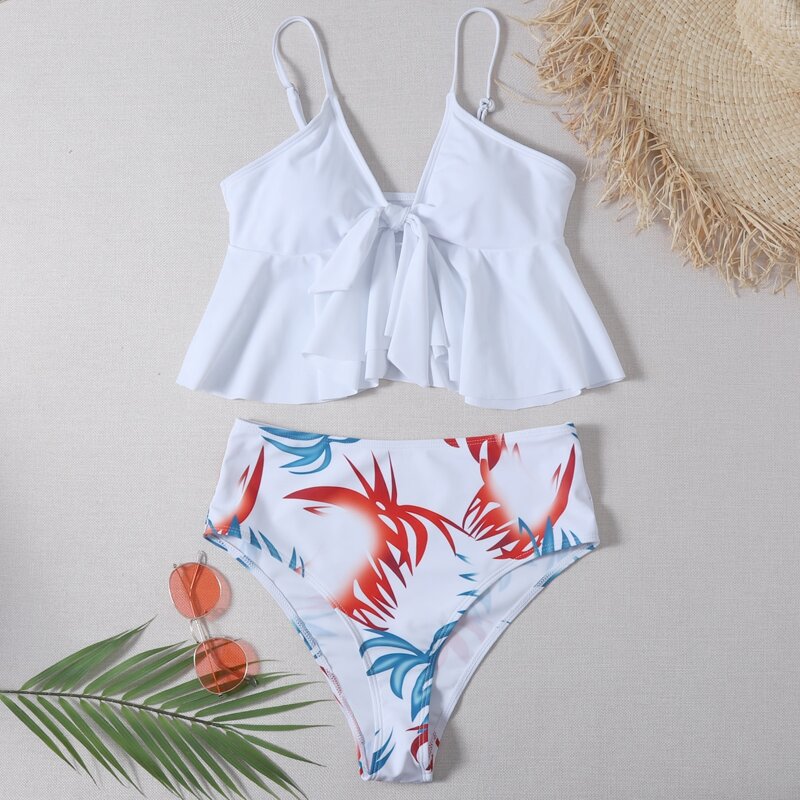 

Graphic Ruffle Trim High Waisted Bikini Swimsuit, White