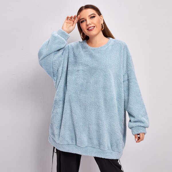 

Plus Solid Pocket Detail Oversized Teddy Sweatshirt, Baby blue