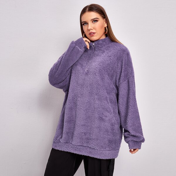 

Plus Half Placket Drop Shoulder Teddy Sweatshirt, Violet purple