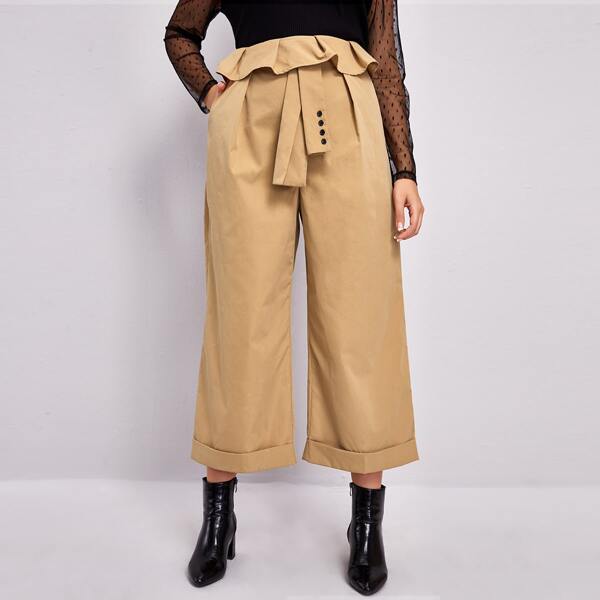 

Plus Ruffle Detail Zip Back Wide Leg Pants, Khaki