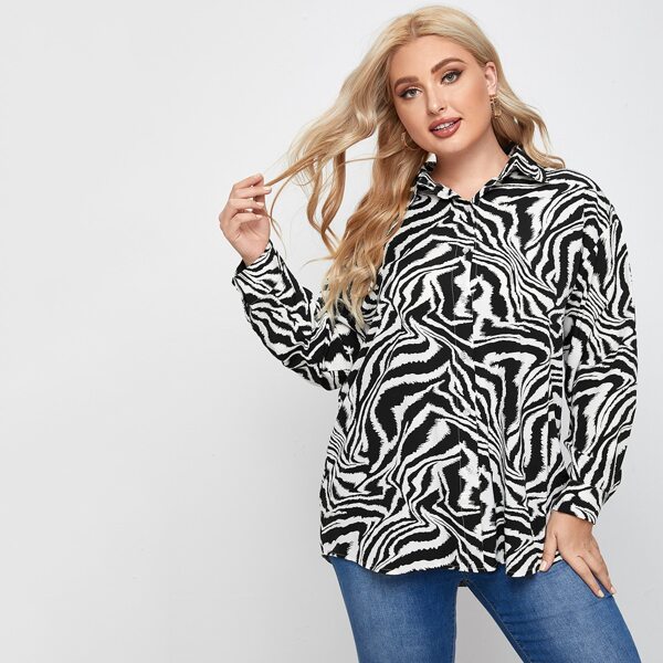

Plus Zebra Striped Button Up Blouse, Black and white