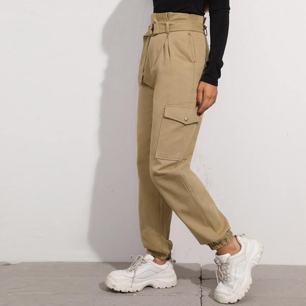 

Paperbag Waist Self Belted Pants, Khaki