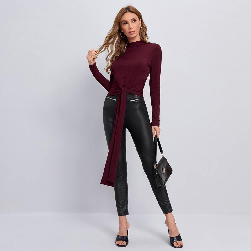 

Mock Neck Tie Front Solid Top, Maroon