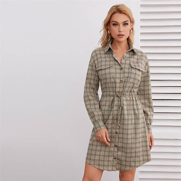 

Single Breasted Flap Pocket Tartan Shirt Dress, Multicolor