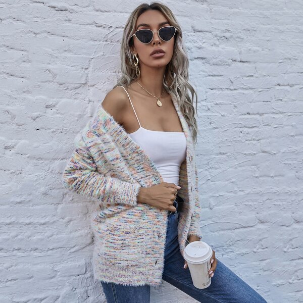 

Button Front Patch Pocket Fuzzy Knit Cardigan, Multicolor