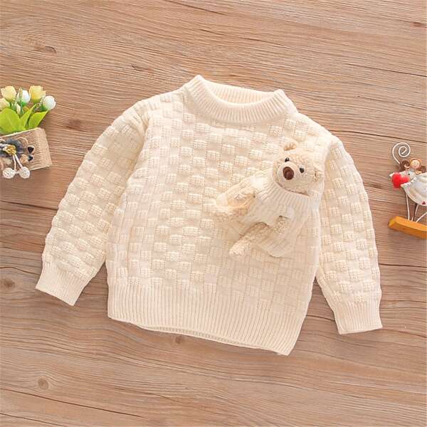 

Girls Mock Neck 3D Bear Design Sweater, Beige