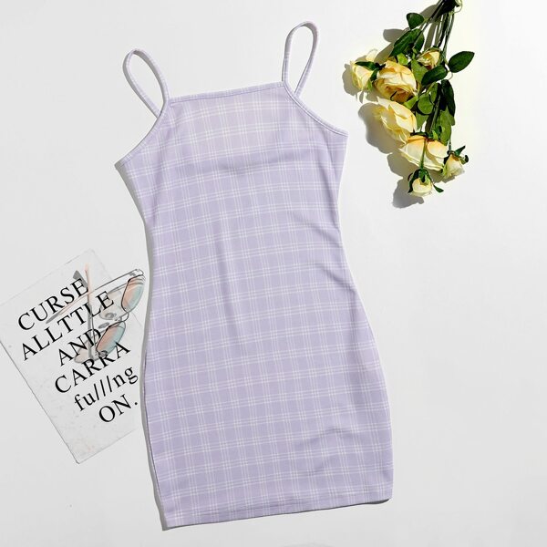 

Plaid Cami Mini Bodycon Dress, Lilac purple