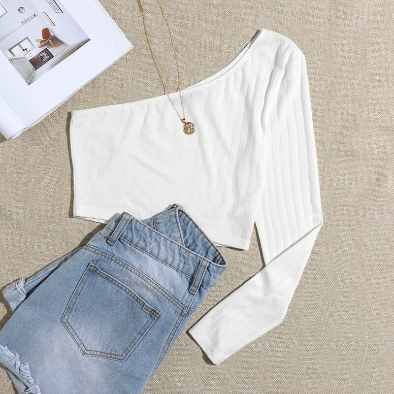 

One Shoulder Ribbed Crop Top, White