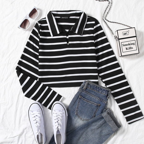 

Frog Button Cut-out Striped Crop Tee, Black and white