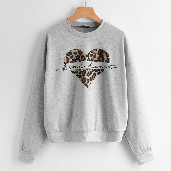 

Drop Shoulder Letter & Heart Graphic Pullover, Light grey