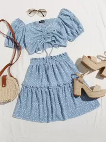 SHEIN Unity 波西米亞抽繩小碎花兩件式套裝 - 霧霾藍 - 查看 1