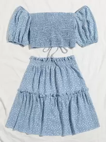 SHEIN Unity 波西米亞抽繩小碎花兩件式套裝 - 霧霾藍 - 查看 3