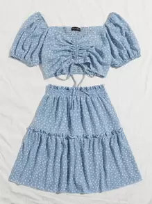 SHEIN Unity 波西米亞抽繩小碎花兩件式套裝 - 霧霾藍 - 查看 2