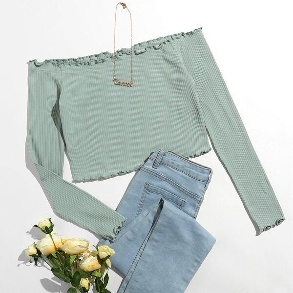 

Lettuce Edge Rib-knit Tee, Pastel mint green