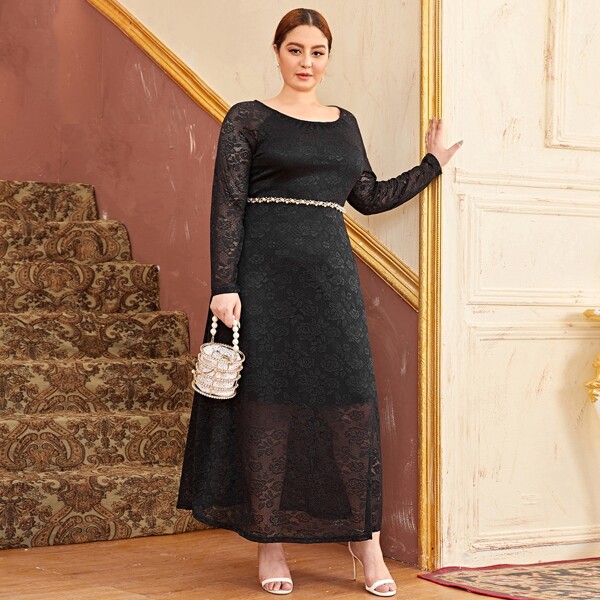 

Plus Lace Overlay A-line Dress Without Belted, Black