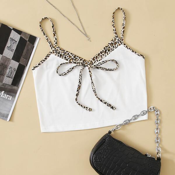 

Tie Front Leopard Trim Cami Top, White