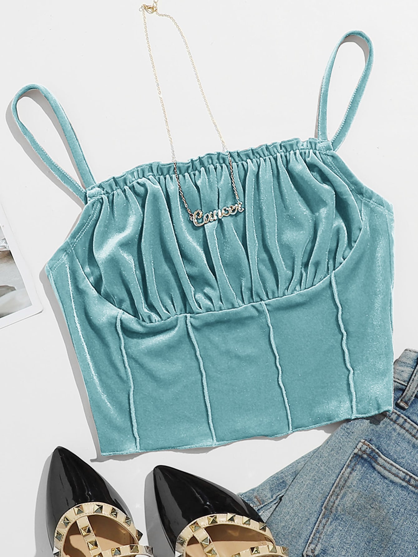 Frill Trim Ruched Bust Velvet Crop Cami Top thumbnail