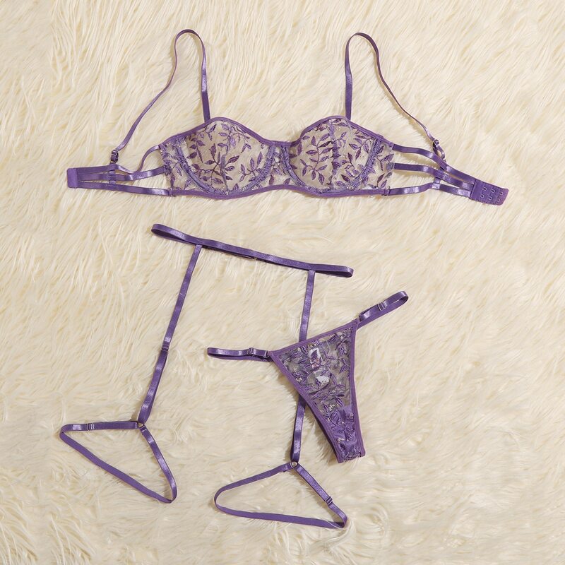 

Embroidered Sheer Mesh Sexy Lingerie Set, Purple